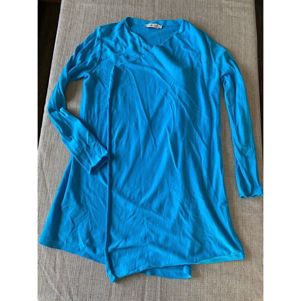 TORY BURCH Cardigan Blue Long Sleeve Open Front Draped Sweater L - Picture 3 of 12